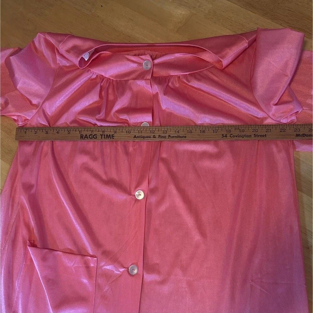 Vintage Coral Pink Robe & Gown Set Button Front 2 Pc USA Pocket L Nylon